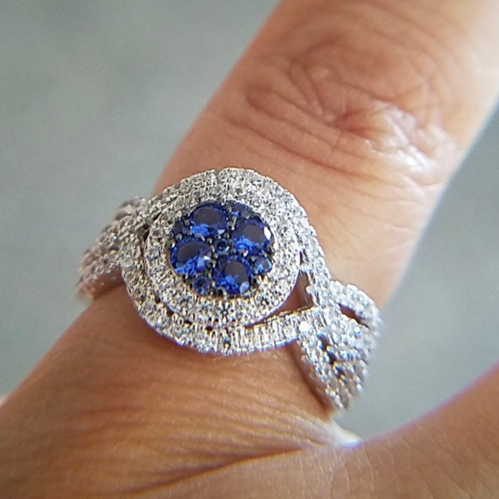 14K white gold plated blue CZ Engagement ring